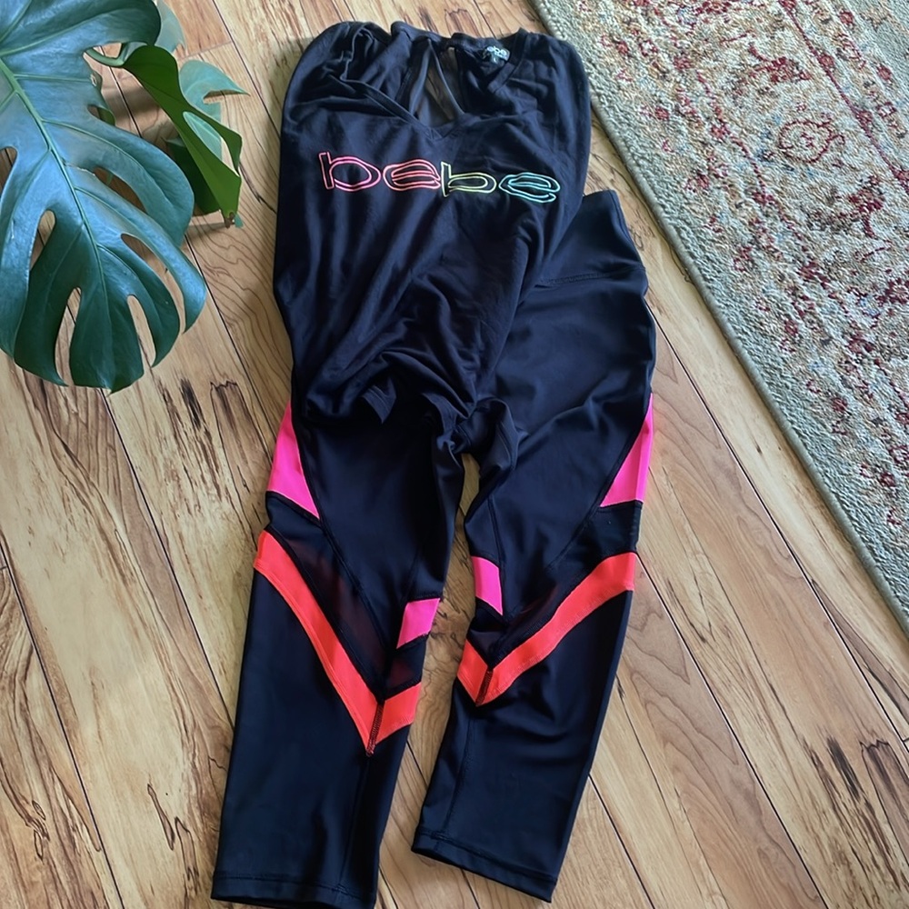 bebe Sport Black V-Neck Neon Short Sleeve Top & Capri Leggings Set